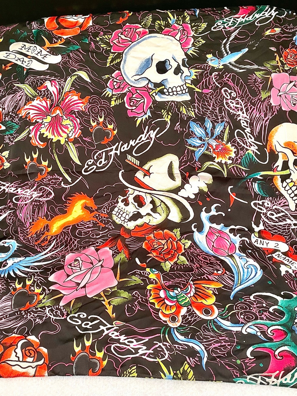 Ed Hardy Scarf 42x42 Skull Rose Tattoo Print Silk Feel Square Wrap NWT